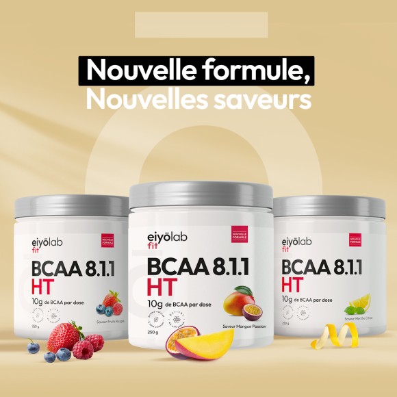BCAA 8.1.1 HT EIYOLAB nouvelle formule, nouvelles saveurs, arômes naturels et sans colorant